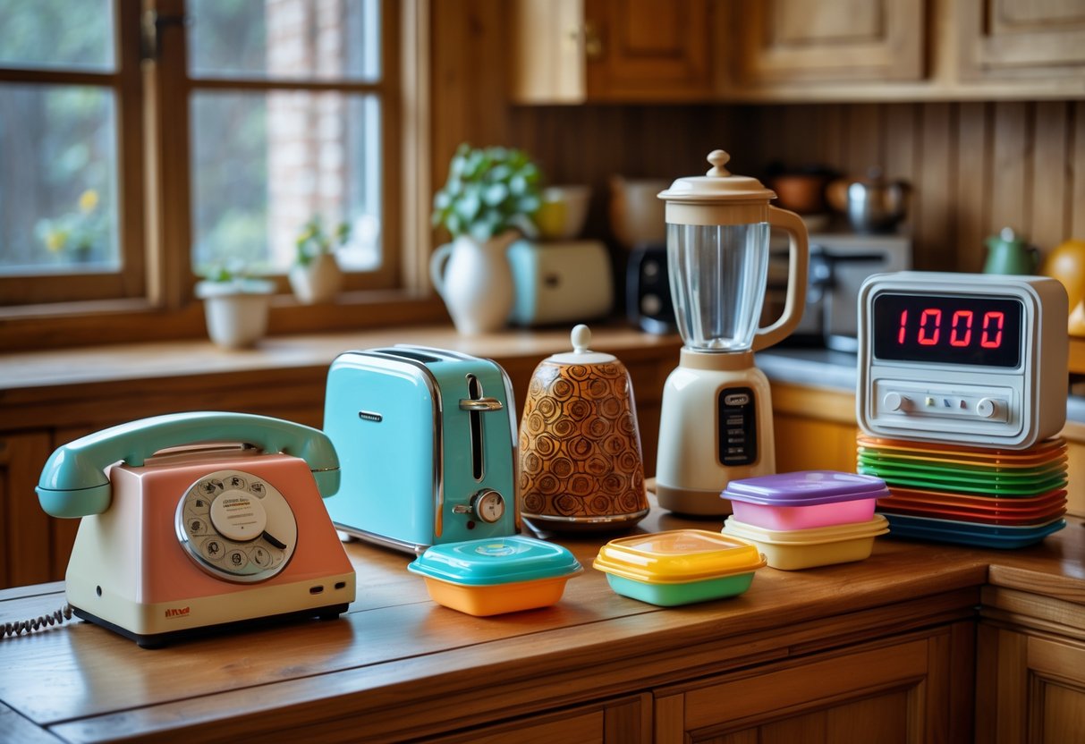 Six vintage 1980s kitchen appliances and containers arranged on a wooden counter in a softly lit kitchen.