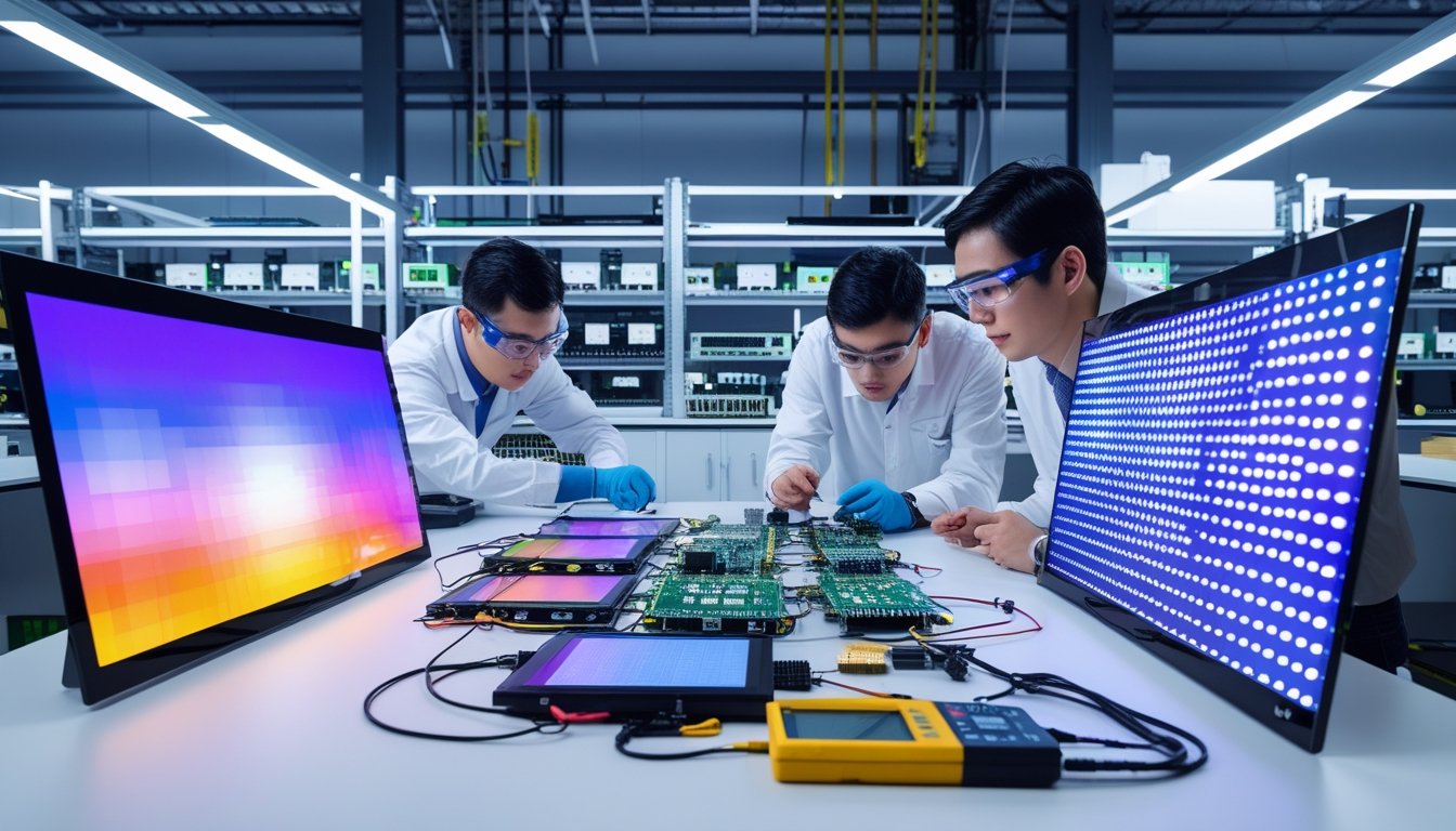 Beberapa teknisi sedang memeriksa dan membandingkan panel LED Videotron indoor di ruang kerja yang dilengkapi dengan alat elektronik dan komponen LED.