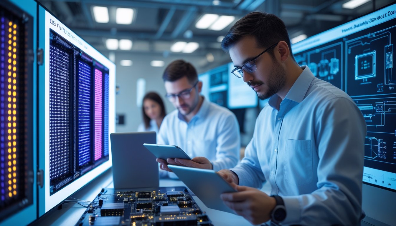 Tampilan close-up panel LED videotron indoor dengan teknisi yang sedang menganalisis komponen dan diagram teknis di ruang kerja modern.