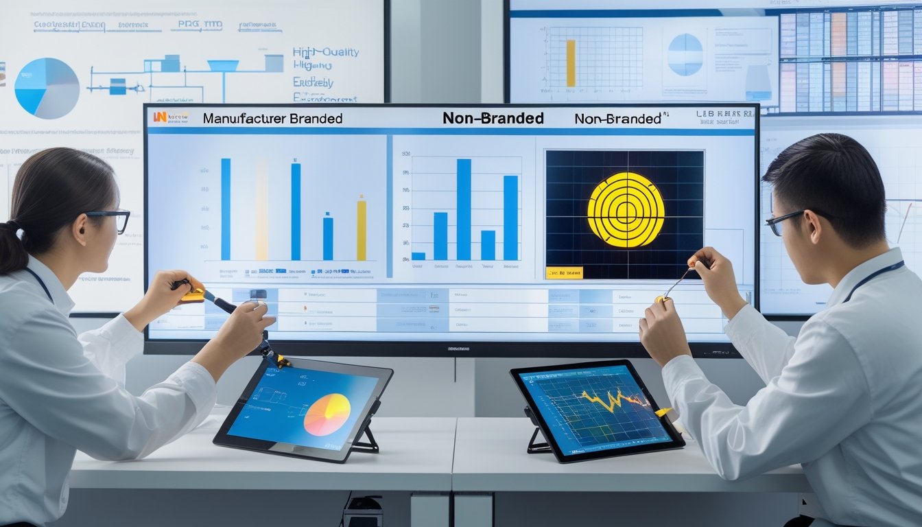 Dua teknisi sedang membandingkan panel LED dalam ruangan dengan alat pengukur dan layar komputer yang menampilkan grafik kualitas.