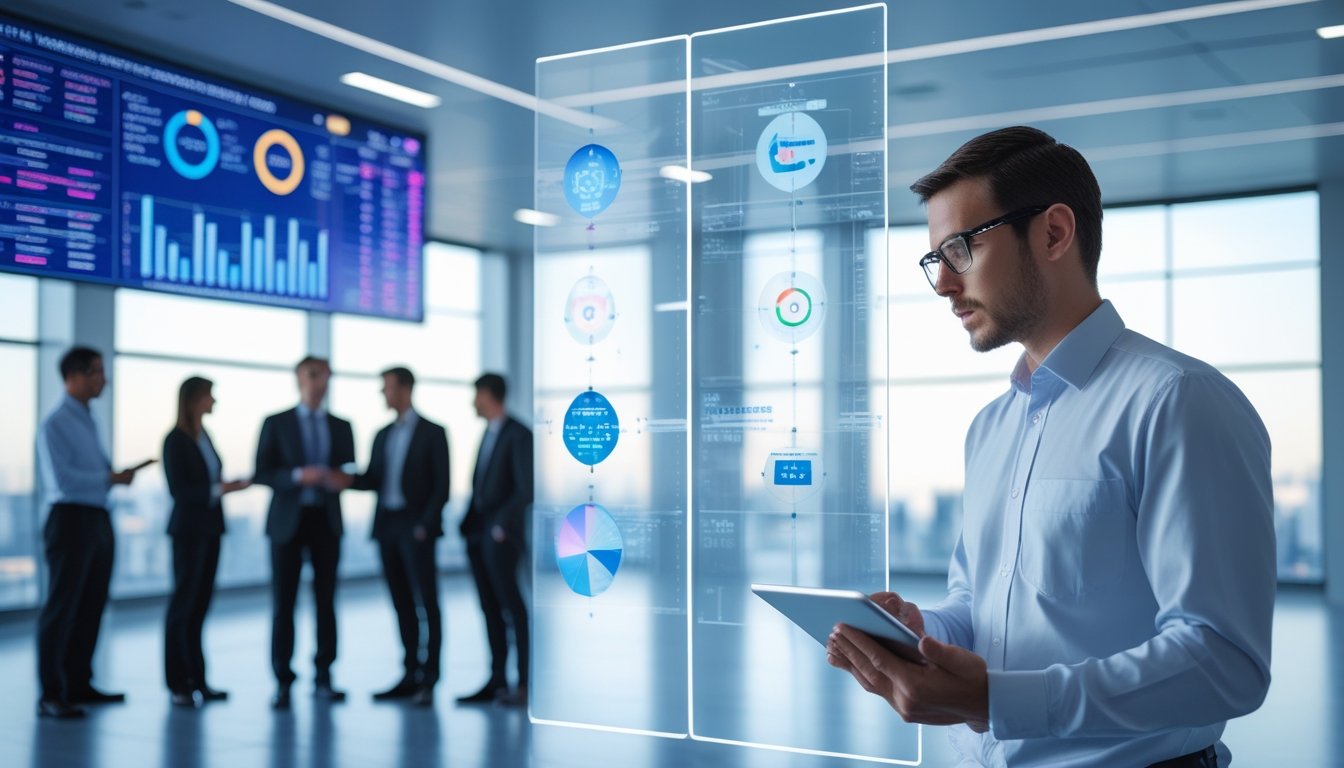 Ruang konferensi korporat dan gedung besar dengan layar LED videotron indoor, seorang ahli teknis sedang menganalisis data pada tablet digital.