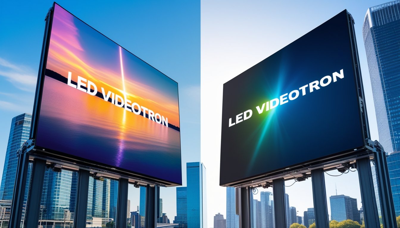 Dua layar LED videotron berdampingan di latar kota, satu menampilkan warna cerah dan tajam, yang lain warna kurang hidup dan sedikit buram.