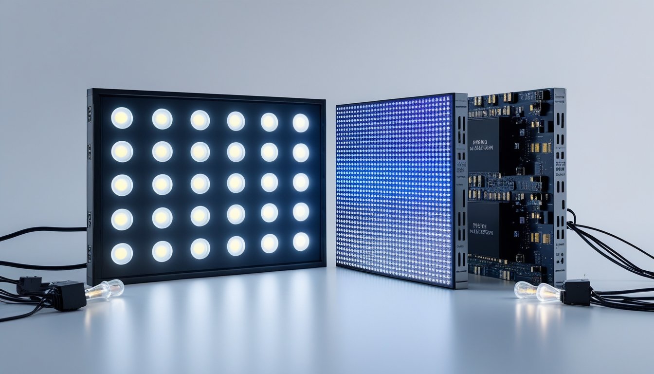 Dua panel LED videotron berdampingan menunjukkan perbedaan kualitas cahaya dan warna, dengan panel bermerek lebih terang dan warna lebih hidup dibandingkan panel tanpa merek.