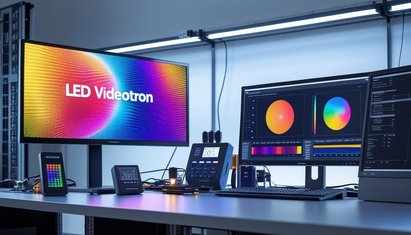 Dua layar LED videotron berdampingan di laboratorium teknologi dengan alat kalibrasi warna dan komputer di sekitarnya.