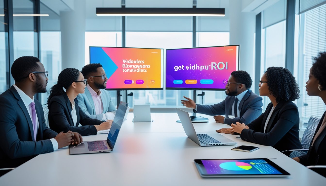 Sekelompok profesional sedang berdiskusi di ruang rapat modern dengan dua layar LED videotron yang dipasang berdampingan, memperlihatkan perbedaan kualitas tampilan.