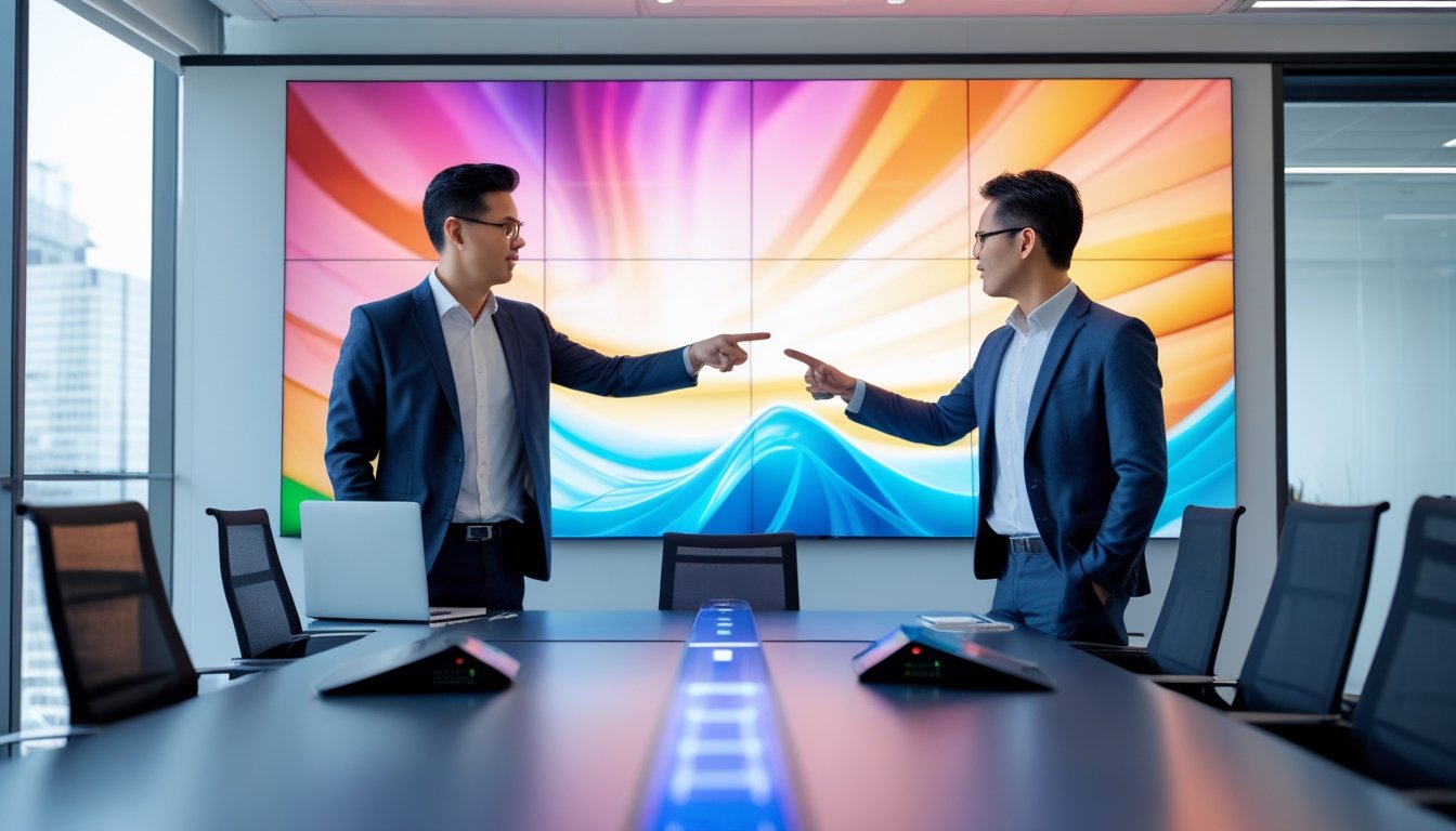 Dua rekan bisnis berdiskusi di kantor modern dengan layar LED videotron besar di latar belakang.