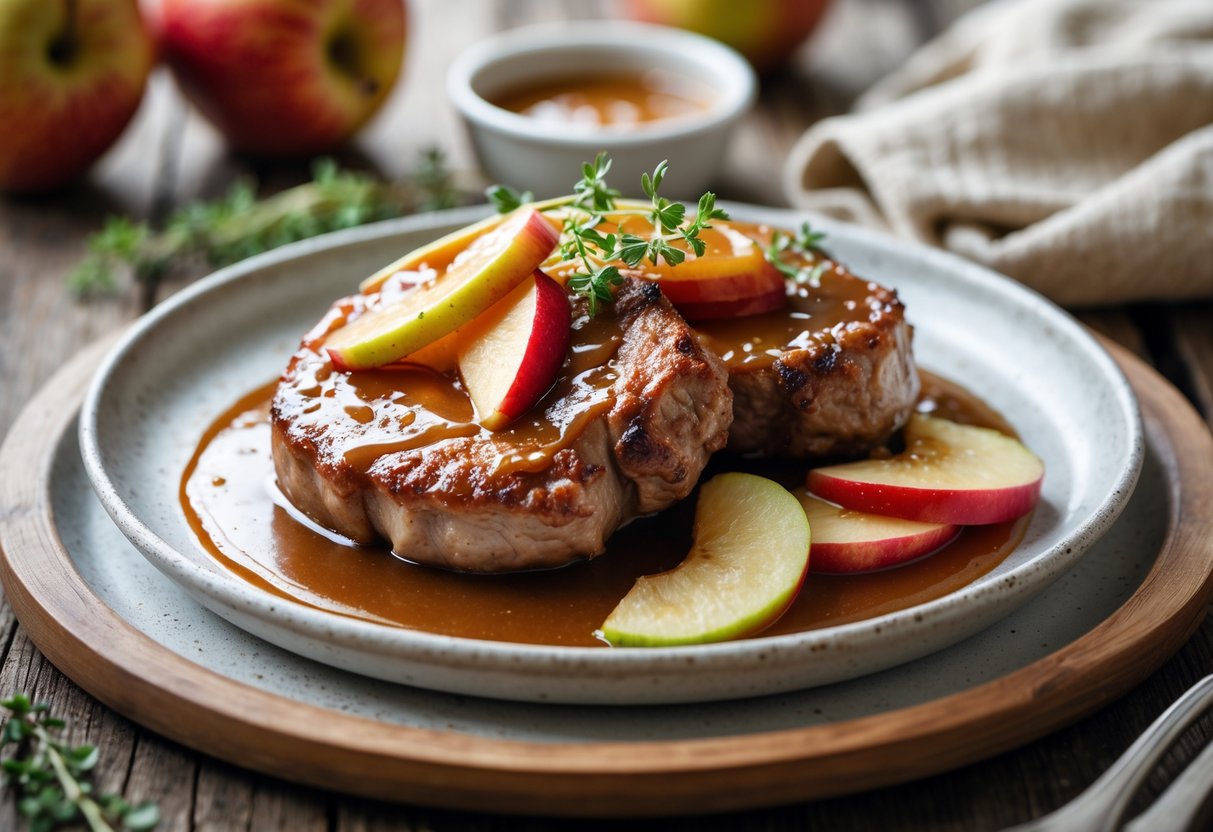 A plate with caramel apple pork chops garnished with fresh thyme on a wooden table, with apples and caramel sauce in the background.
