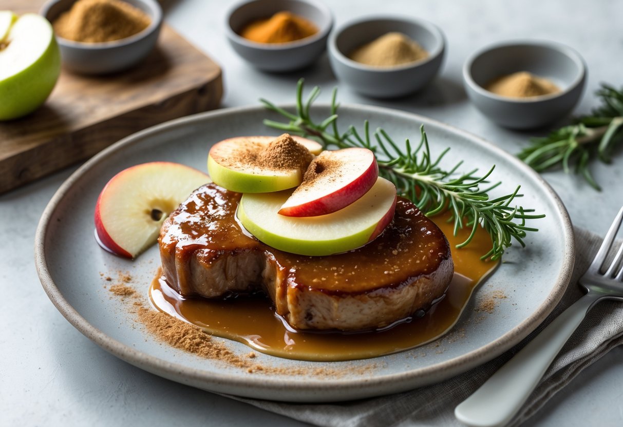 A plate of caramel apple pork chops garnished with apple slices and rosemary, with small bowls of seasonings in the background on a kitchen table.