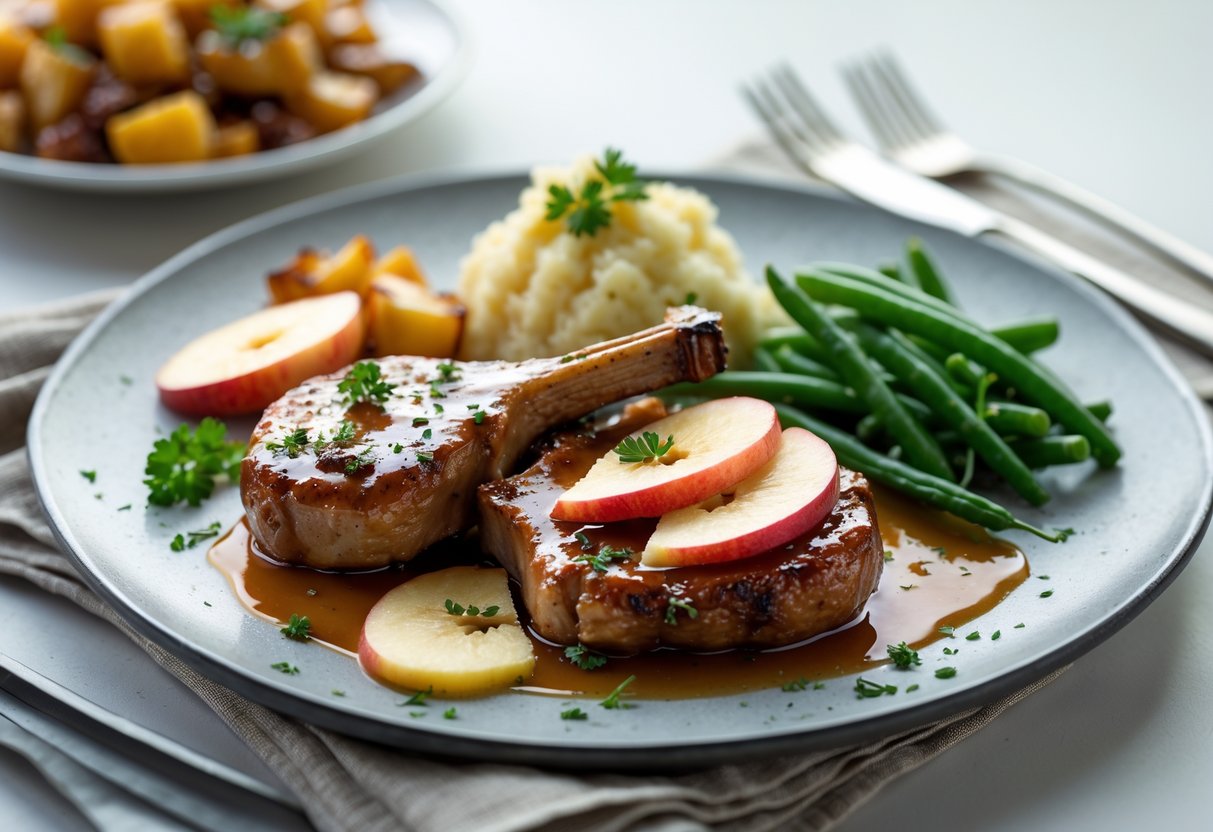 A plated meal of caramel apple pork chops with roasted vegetables, mashed potatoes, and green beans on a dining table.