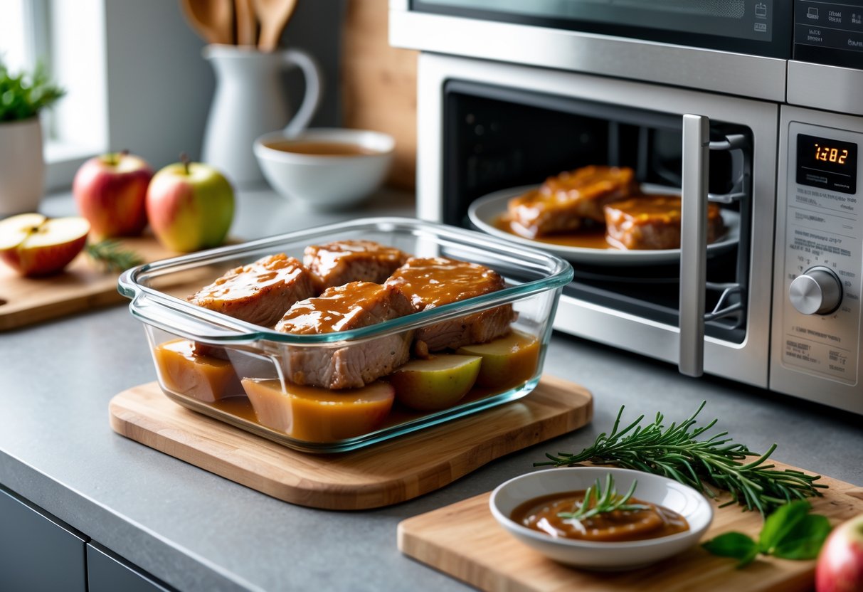 Glass container with caramel apple pork chops on a kitchen countertop next to an open microwave with pork chops reheating inside.