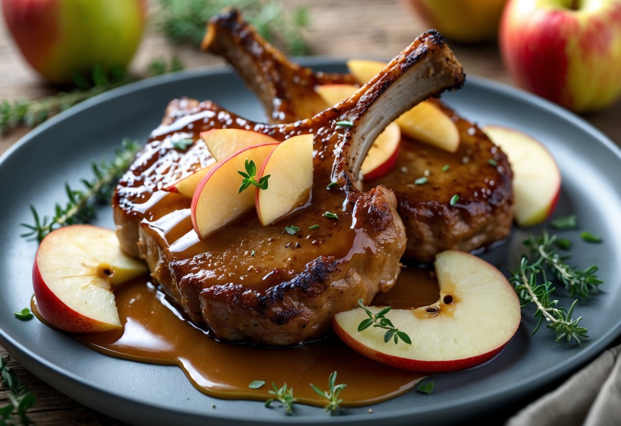 A plated dish of caramel apple pork chops garnished with apple slices and fresh herbs on a wooden table.