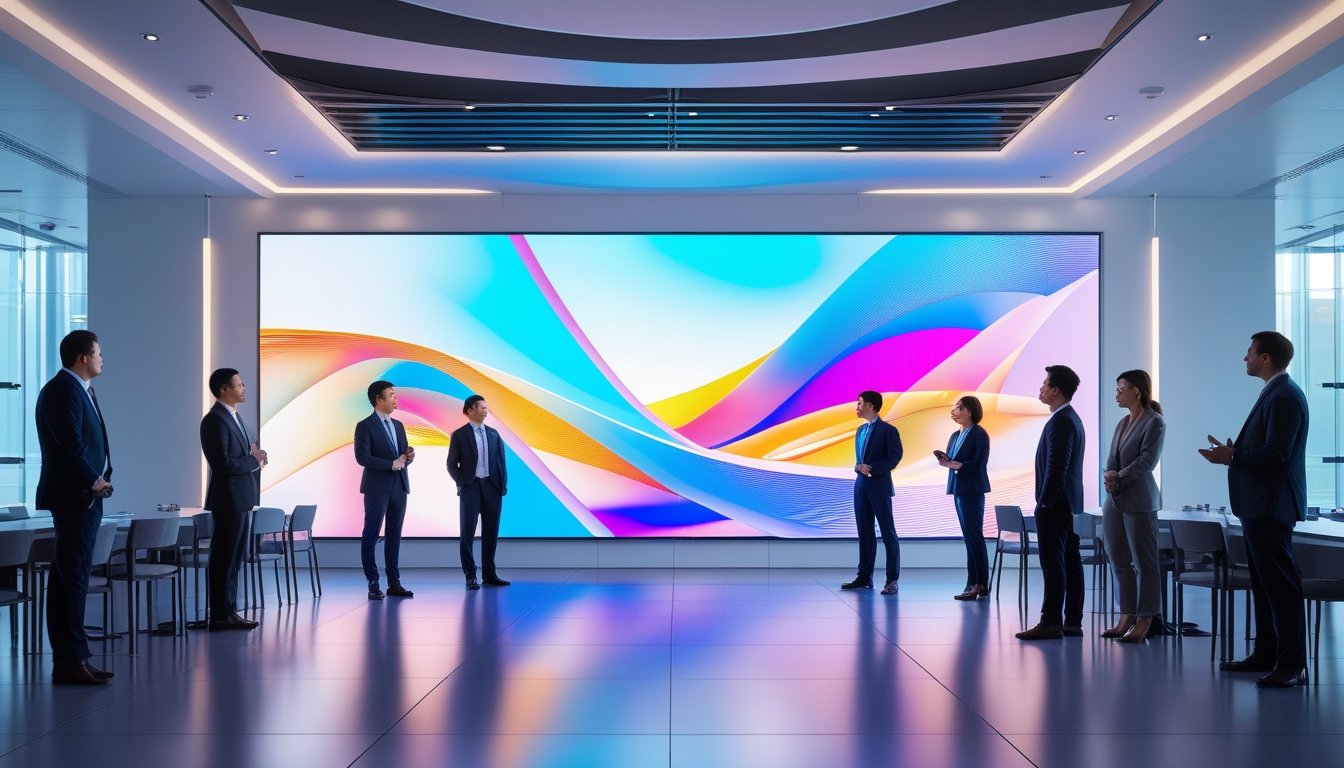 Ruang indoor corporate dengan layar LED videotron besar dan beberapa profesional sedang berdiskusi.