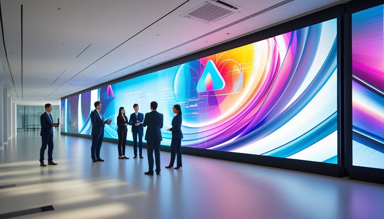 Ruang konferensi modern dengan layar LED videotron besar dan beberapa profesional bisnis berdiskusi di sekitarnya.