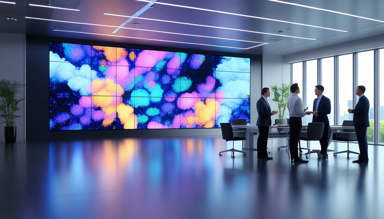 Ruang rapat perusahaan modern dengan layar LED videotron besar dan beberapa profesional bisnis sedang berdiskusi.