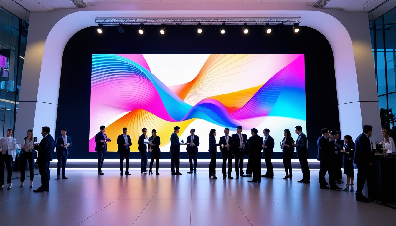 Suasana dalam ruangan korporat besar dengan layar LED videotron besar yang menampilkan gambar berwarna cerah dan orang-orang berpakaian rapi sedang berbicara dan berinteraksi.