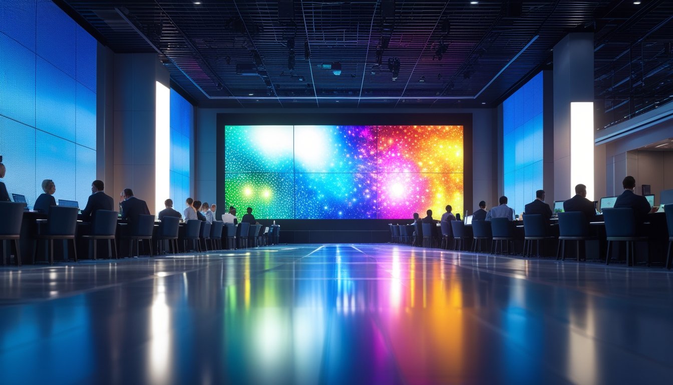 Sebuah ruang konferensi modern dengan layar LED videotron besar yang menampilkan visual berwarna cerah, diisi oleh para profesional bisnis yang mengikuti presentasi.