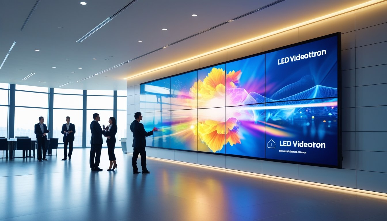 Ruang konferensi modern dengan layar LED besar yang menampilkan grafik berwarna cerah dan profesional yang sedang digunakan oleh para profesional bisnis.