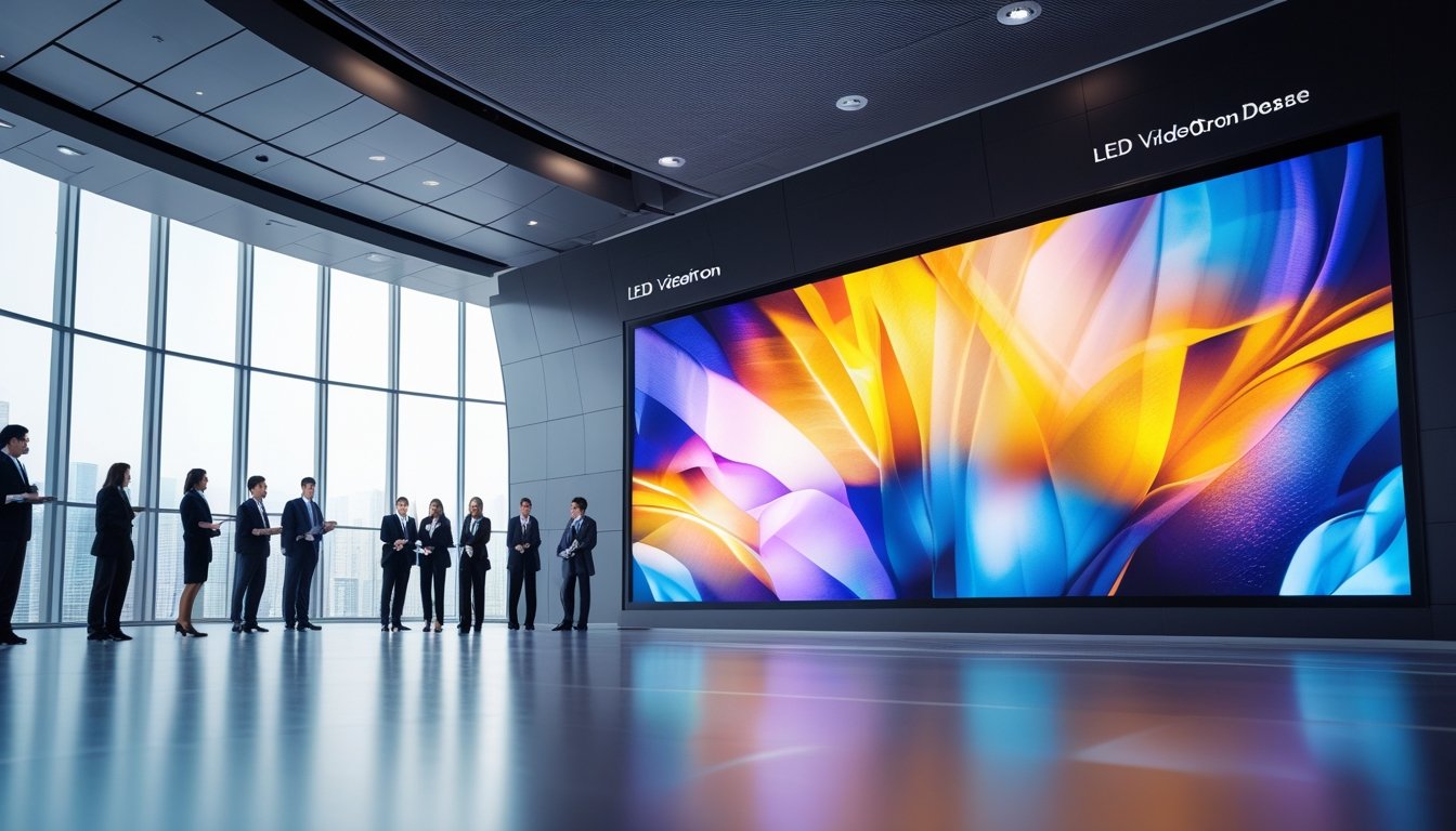 Ruang konferensi modern dengan layar LED besar yang menampilkan visual warna-warni, diisi oleh profesional bisnis yang sedang menghadiri acara.