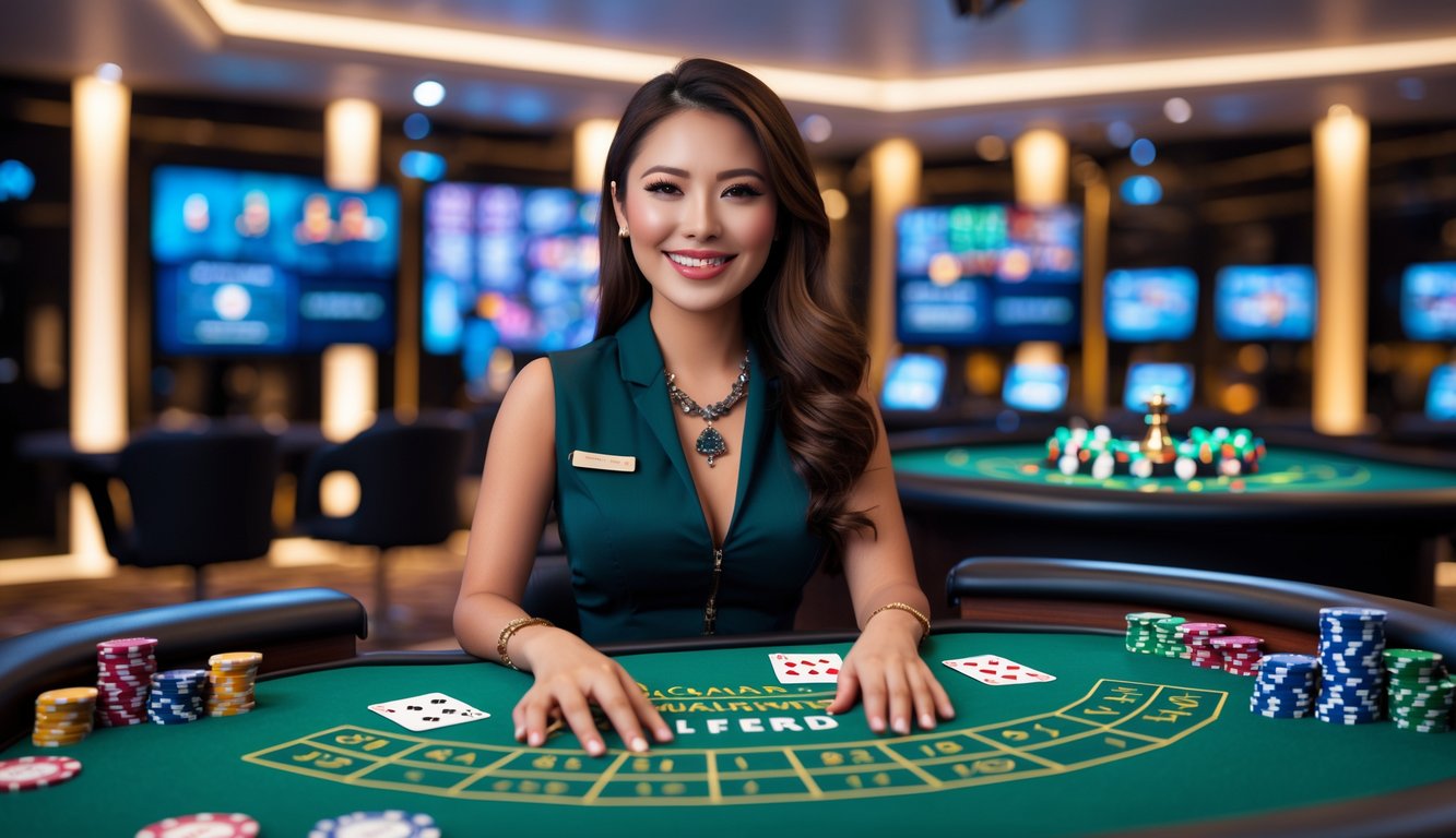 Seorang dealer profesional tersenyum di meja kasino hijau dengan chip dan kartu, di studio kasino modern dengan pencahayaan lembut.