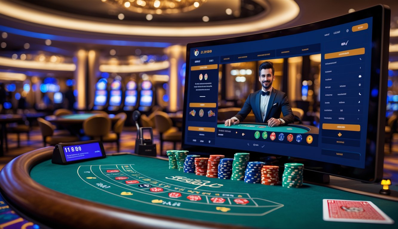 Seorang dealer kasino langsung sedang berinteraksi dengan pemain melalui layar komputer di lingkungan kasino yang mewah dan modern.