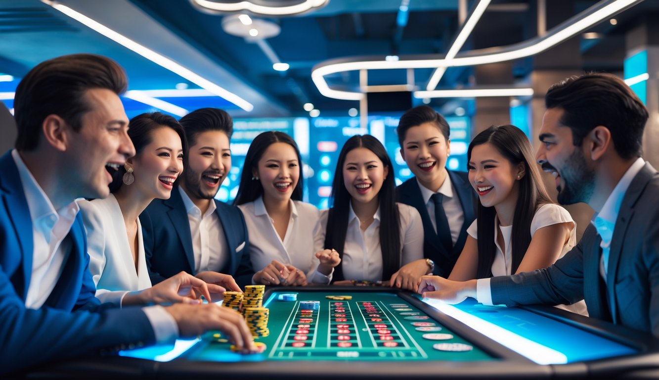 Sekelompok orang bermain di meja kasino online dengan layar digital dan suasana yang hidup.