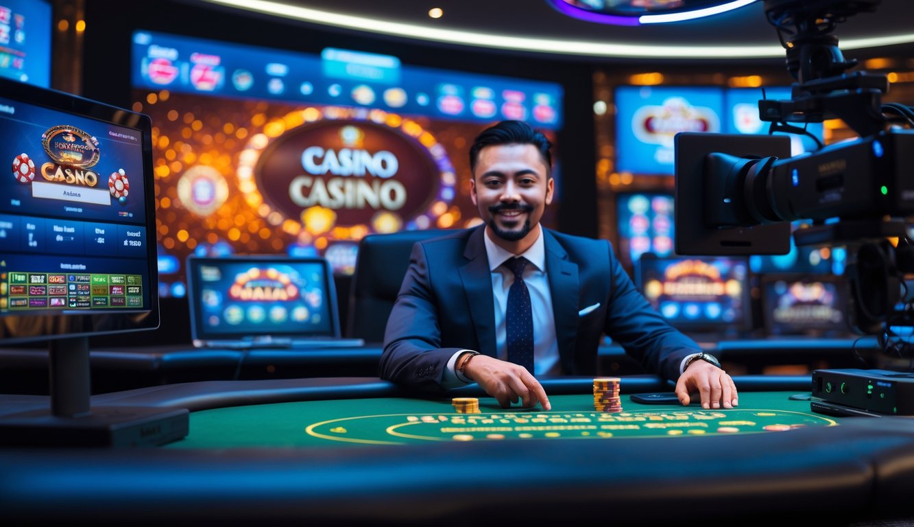 Seorang dealer kasino langsung sedang bekerja di meja permainan dengan peralatan streaming canggih di sekitarnya.