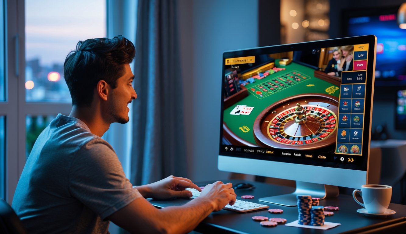 Seorang dewasa muda duduk di depan komputer dengan layar menampilkan dealer kasino langsung, suasana nyaman dan fokus bermain kasino online.