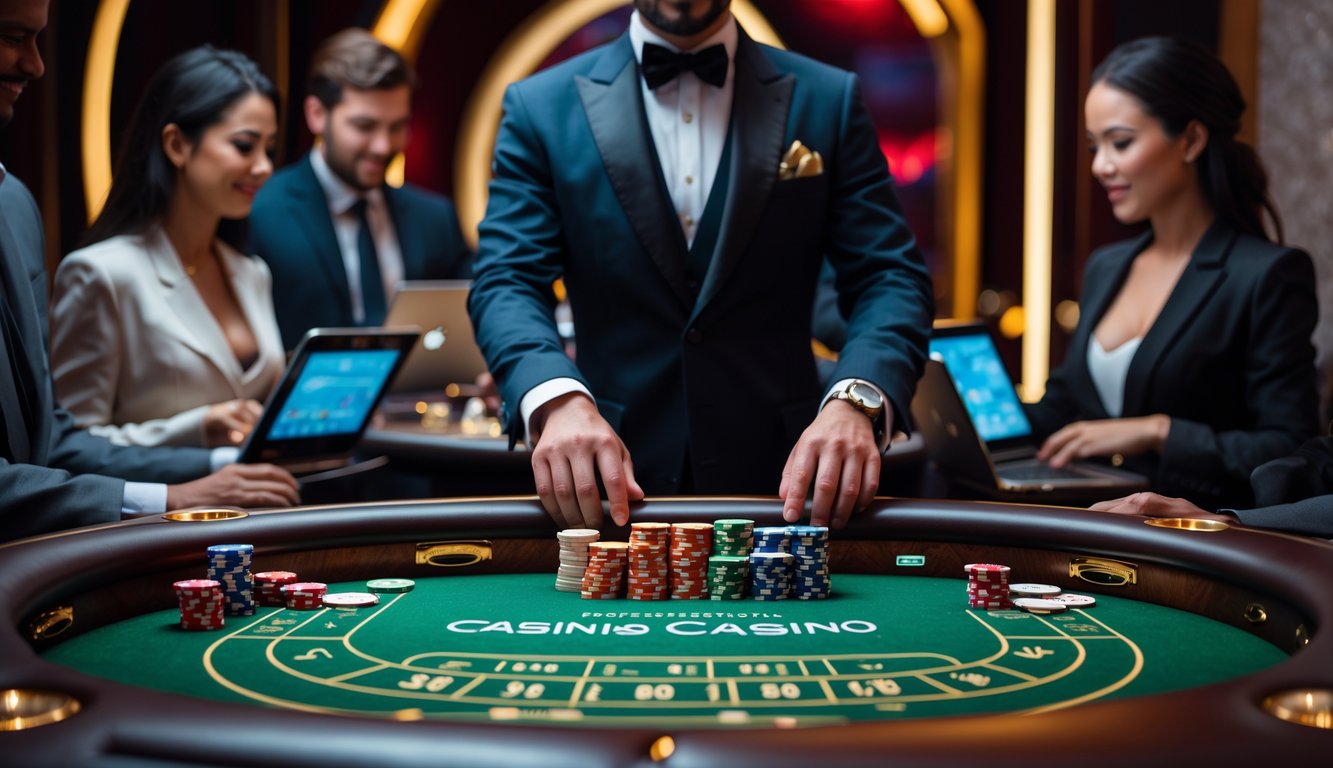 Suasana meja permainan kasino langsung dengan dealer dan pemain menggunakan perangkat digital di sekitar meja hijau.