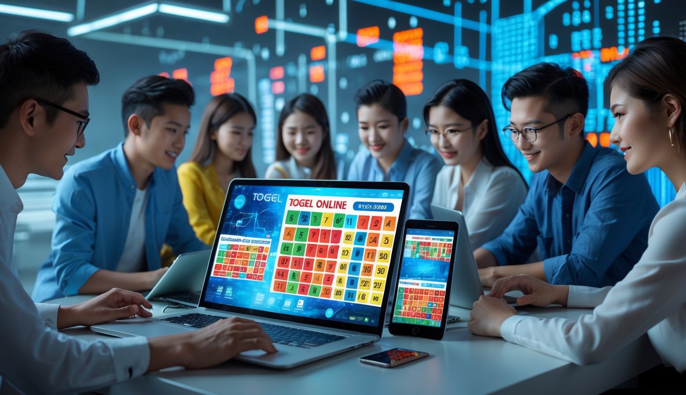 Sekelompok orang muda menggunakan perangkat digital di ruang kerja modern dengan tampilan angka dan grafik digital di layar.