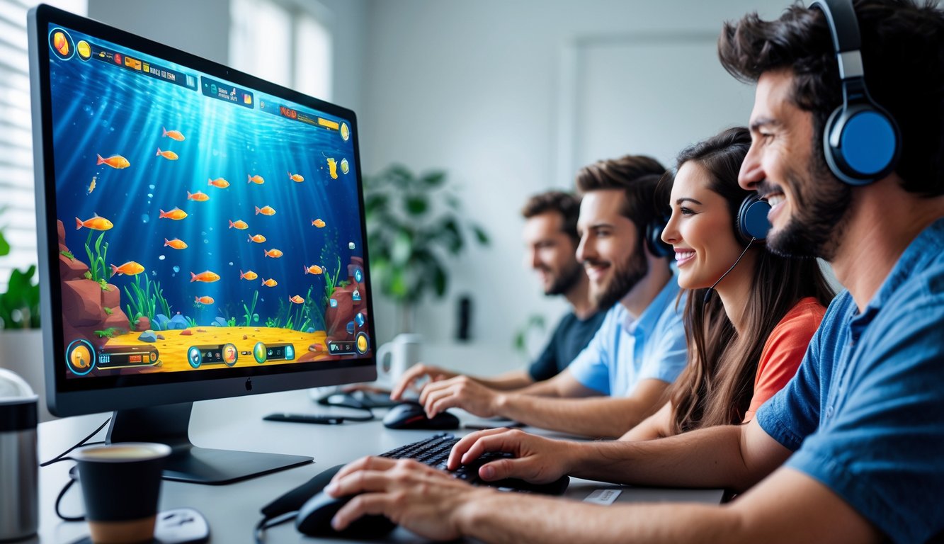 Orang-orang bermain permainan tembak ikan online di depan komputer di ruangan yang terang dan nyaman.