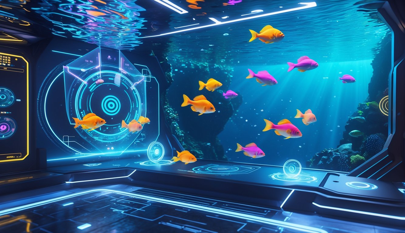 Pemandangan bawah laut digital dengan ikan berwarna-warni dan elemen permainan menembak ikan yang futuristik.
