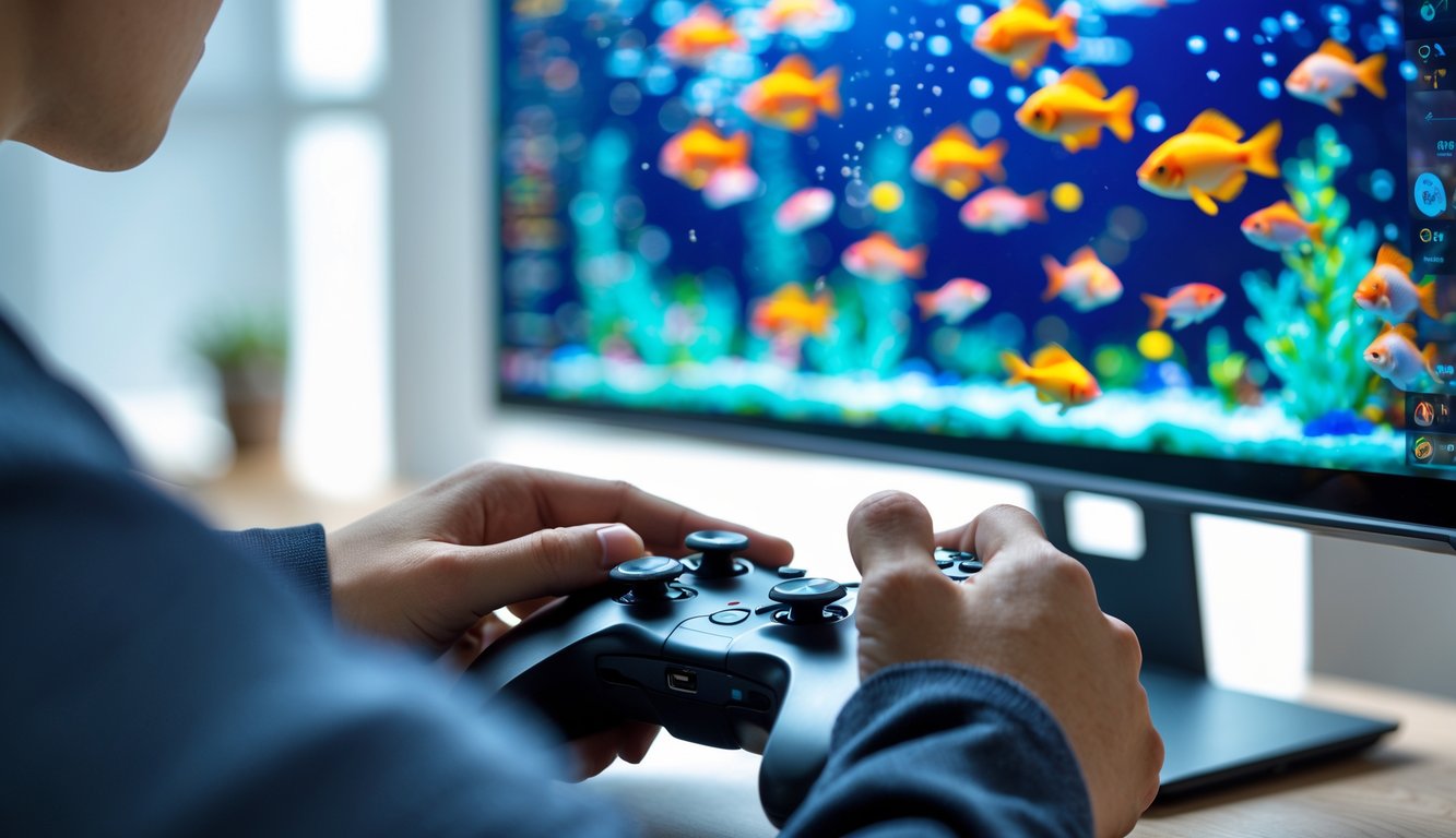 Seorang pemain serius sedang bermain permainan judi tembak ikan online dengan layar komputer yang menampilkan ikan-ikan berwarna-warni.