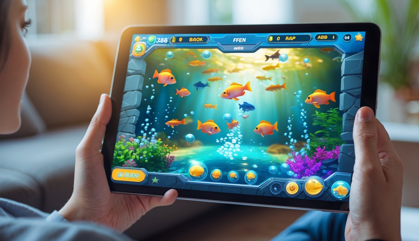 Seseorang memegang perangkat digital yang menampilkan permainan menembak ikan dengan latar bawah laut berwarna-warni dan berbagai ikan animasi.