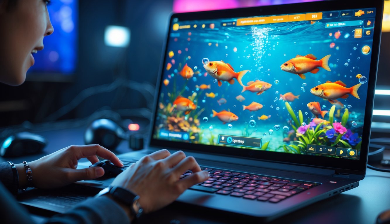 Seseorang sedang bermain permainan judi tembak ikan online di komputer dengan tampilan ikan berwarna-warni di layar.