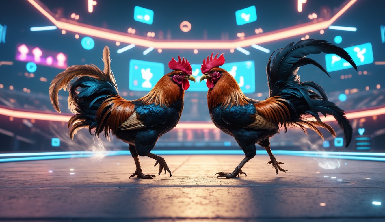 Dua ayam jago sedang bertarung di arena virtual dengan latar belakang stadion digital yang penuh cahaya dan penonton virtual.