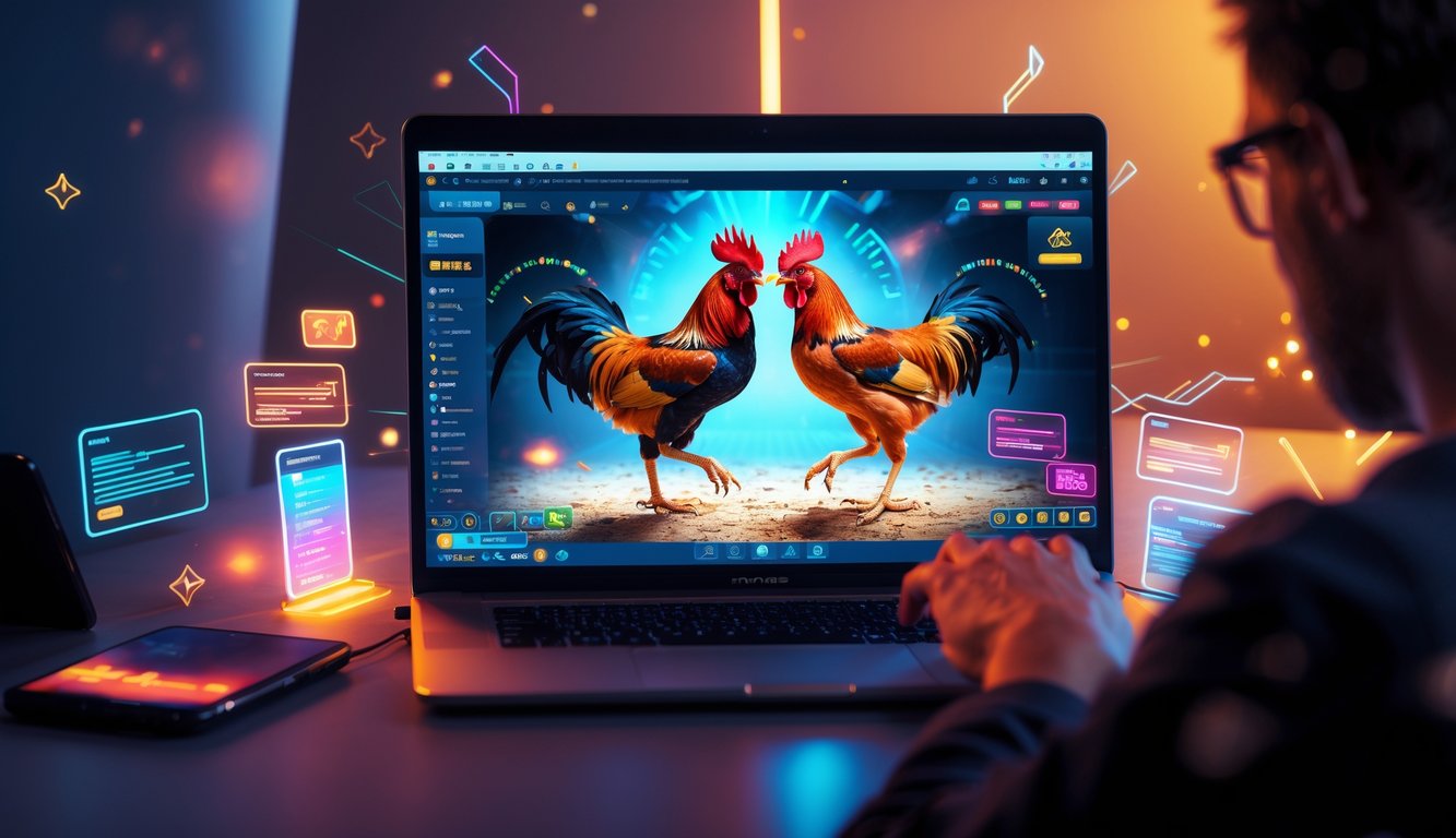 Seseorang menggunakan perangkat digital untuk menonton dan mengikuti pertandingan sabung ayam secara online dengan latar belakang modern dan pencahayaan hangat.