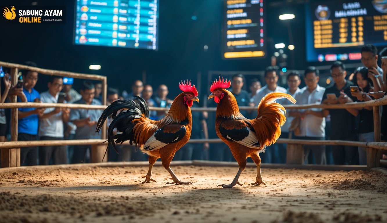 Dua ayam jago sedang bertarung di arena modern dengan penonton yang menonton melalui ponsel dan tablet di sekitarnya.