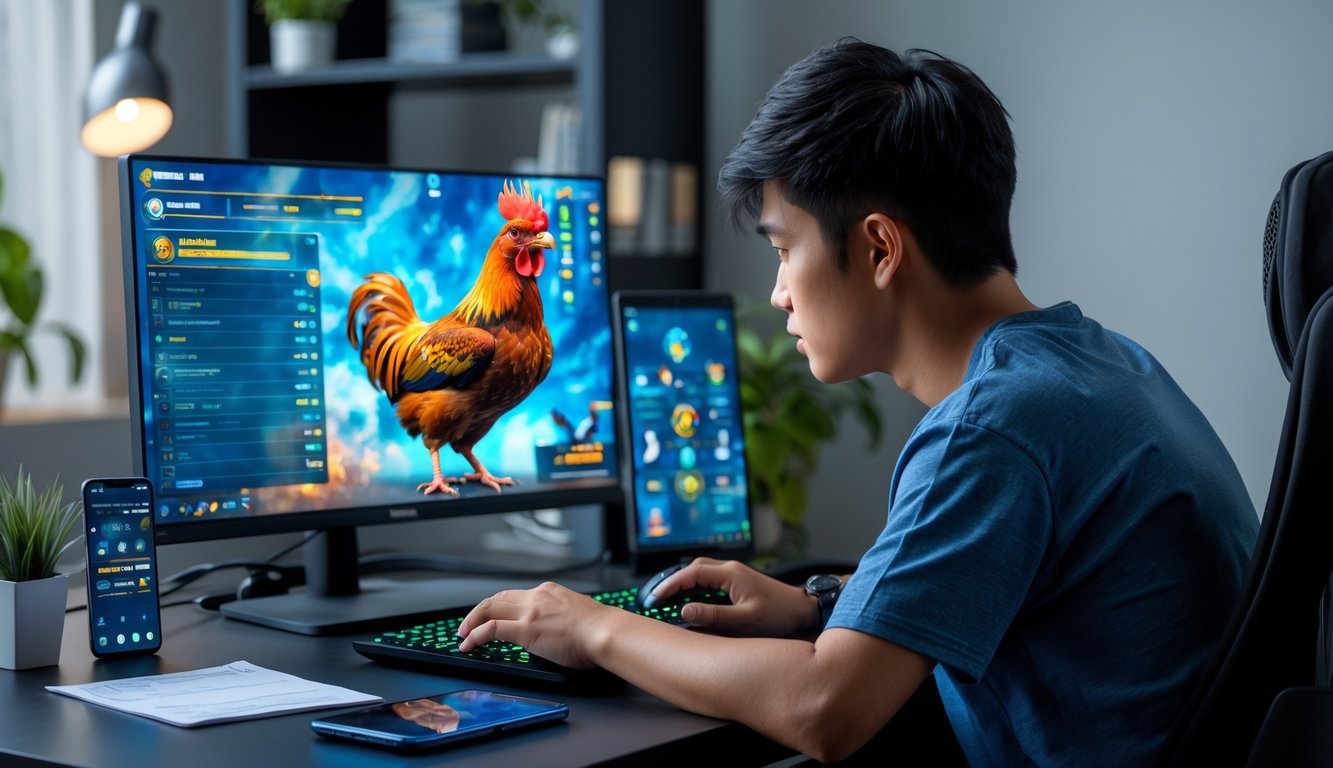 Seorang pria muda sedang bermain permainan sabung ayam online di laptop di ruang kerja rumah yang nyaman.