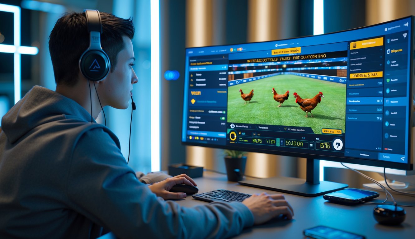 Seseorang menggunakan komputer dengan layar menampilkan siaran langsung sabung ayam online dan fitur interaktif di meja kerja modern.