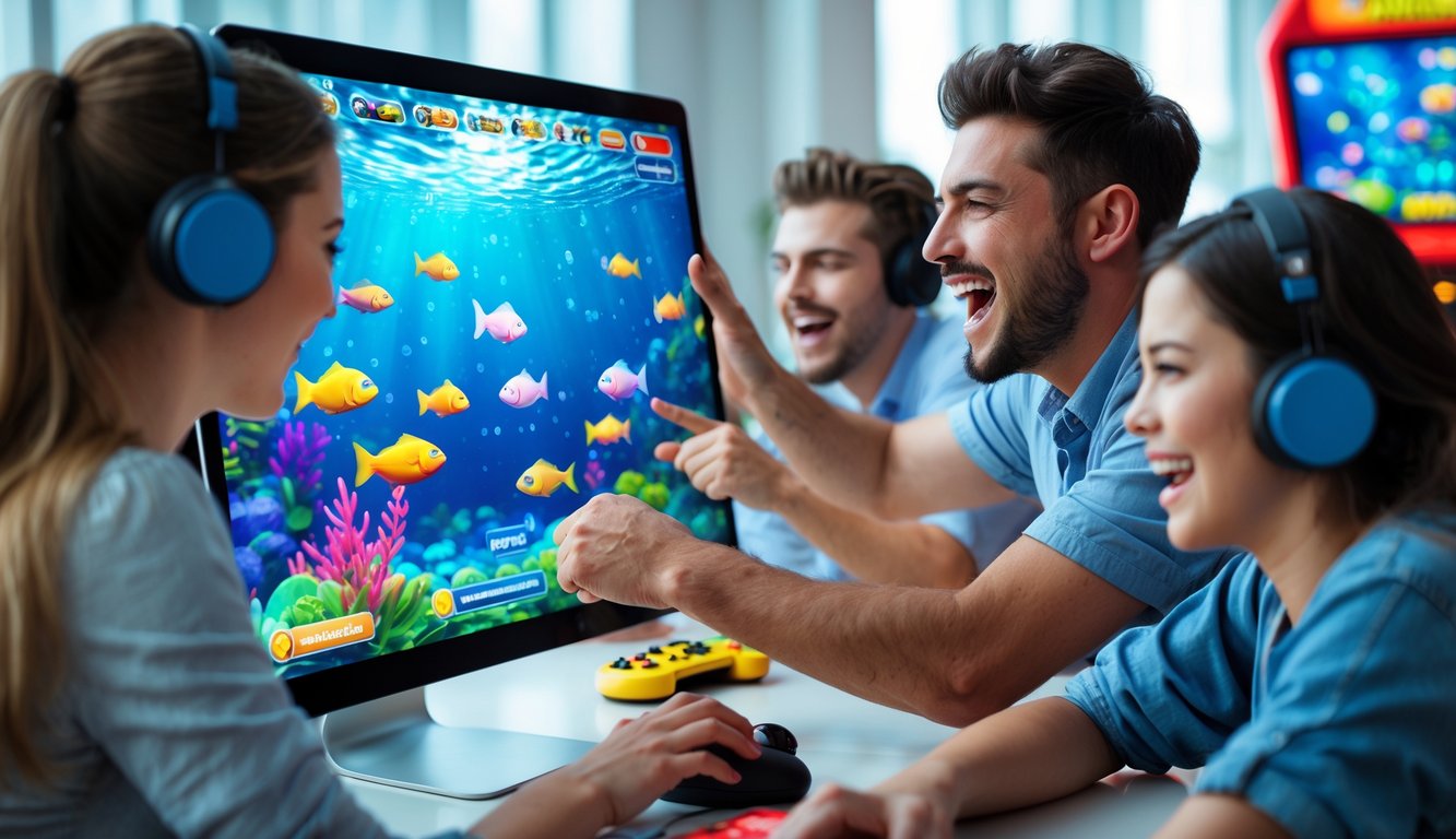 Orang-orang bermain game tembak ikan online dengan layar yang menampilkan ikan-ikan berwarna-warni dalam suasana ruangan yang terang.