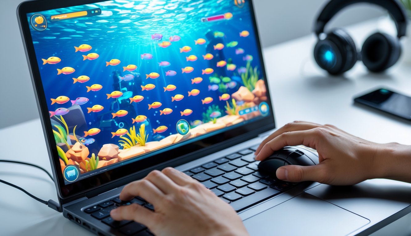 Tangan seseorang sedang bermain permainan menembak ikan secara online di komputer dengan latar belakang meja kerja yang rapi.