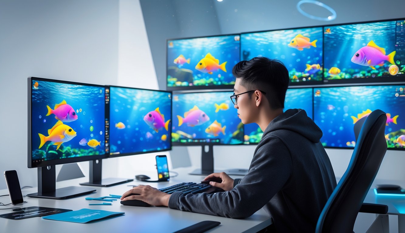 Seseorang duduk di depan meja dengan beberapa layar menampilkan permainan ikan online, sedang fokus menganalisis strategi bermain.