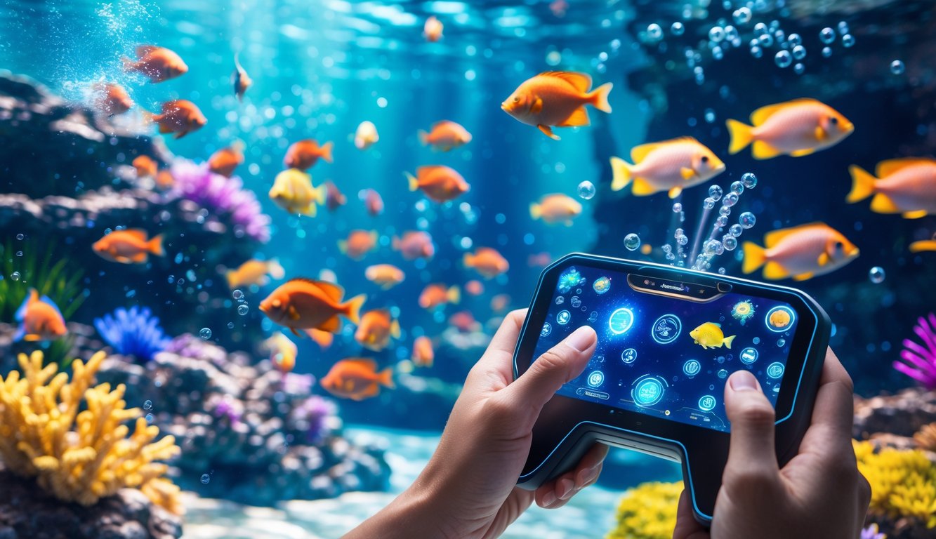 Pemandangan bawah laut dengan ikan berwarna-warni dan tangan memegang perangkat permainan digital di depan layar interaktif.