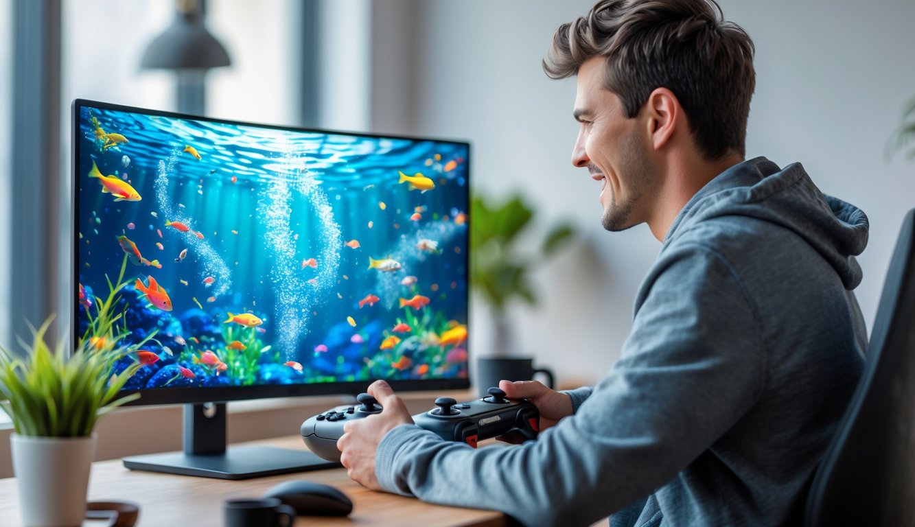 Seorang pria muda duduk di meja modern sambil bermain permainan tembak ikan online di komputer dengan ekspresi fokus dan senang.