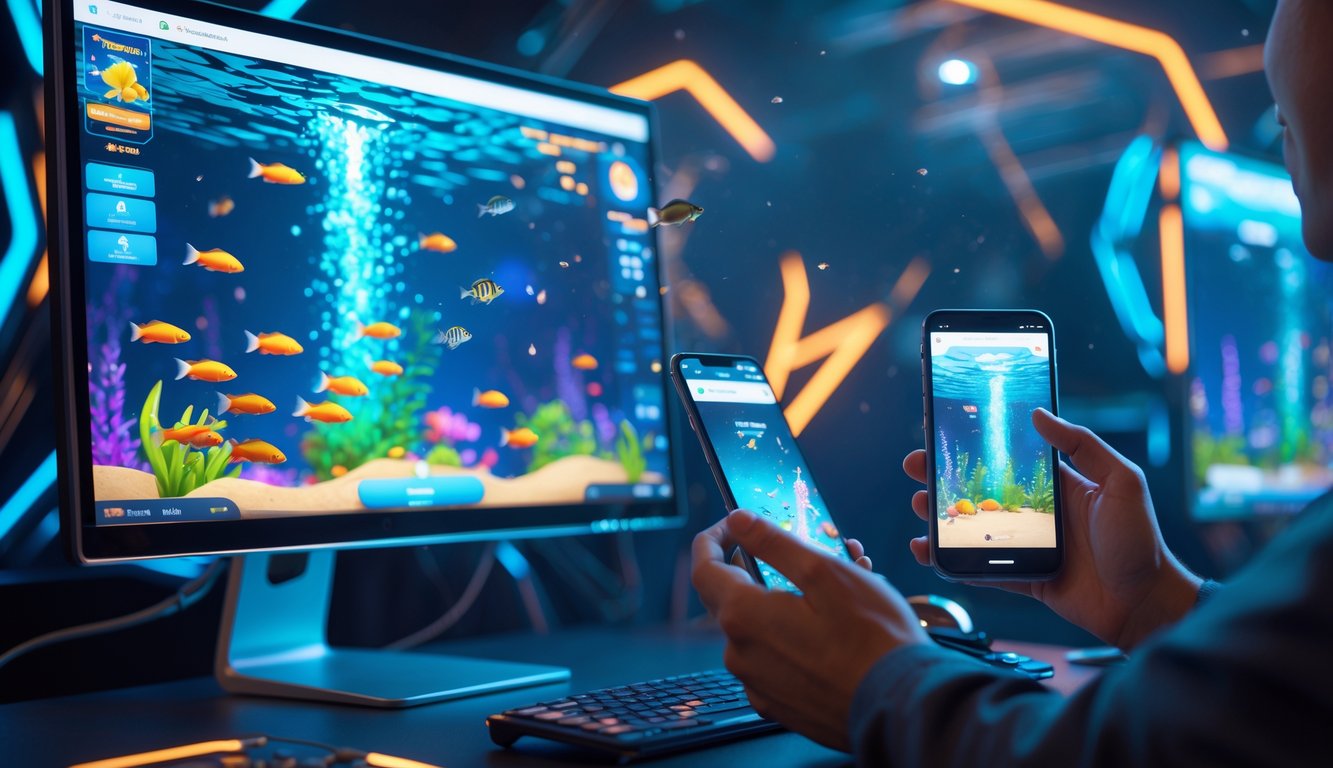 Orang menggunakan komputer dan ponsel untuk bermain game menembak ikan online dengan latar belakang bawah laut berwarna-warni.