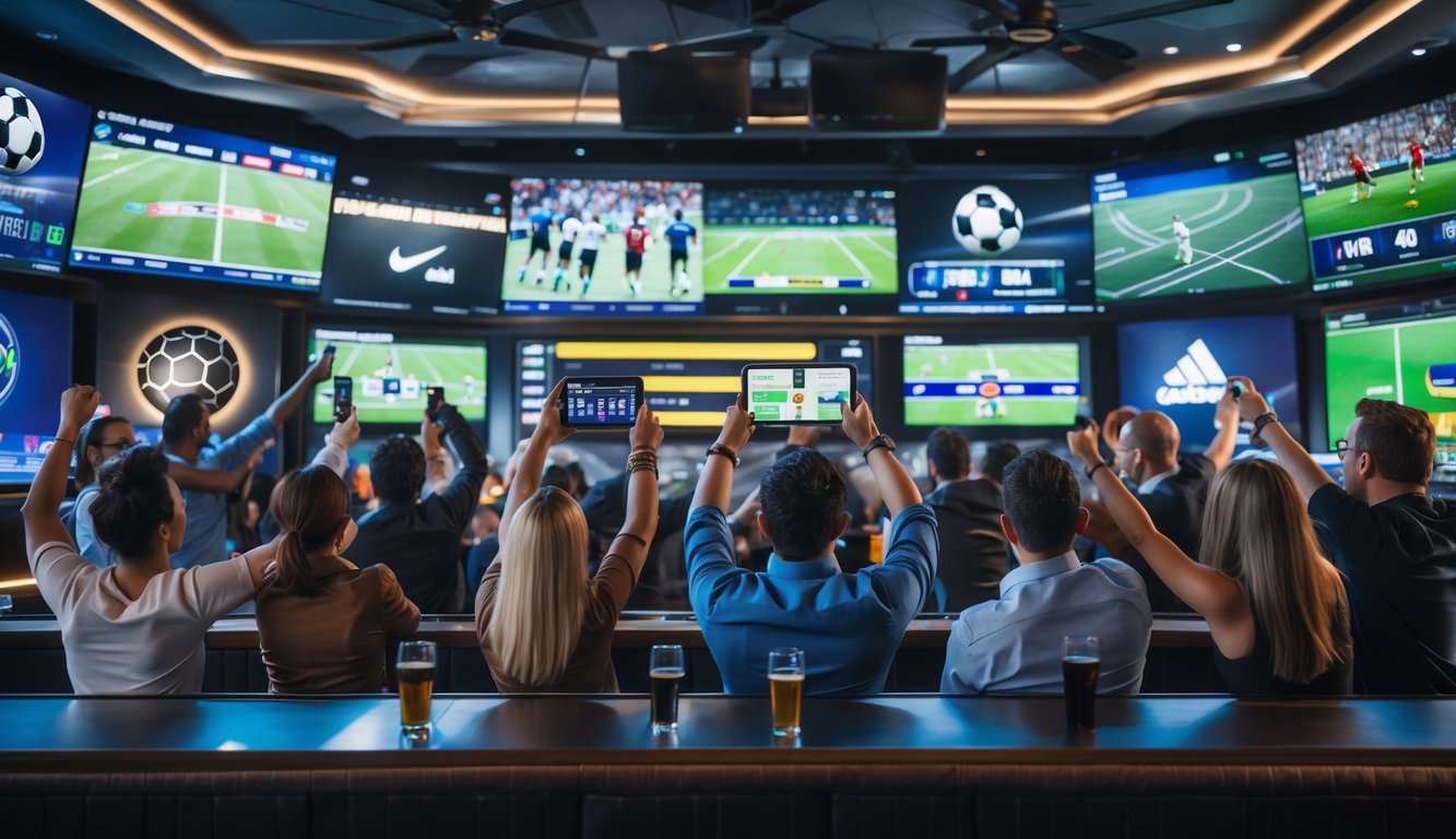 Sekelompok orang antusias menonton pertandingan olahraga di bar modern dengan layar besar dan menggunakan perangkat untuk bertaruh secara langsung.
