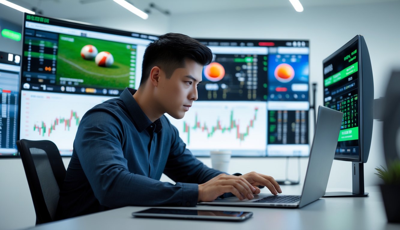 Seorang pria muda sedang duduk di depan meja dengan beberapa monitor menampilkan pertandingan olahraga dan peluang taruhan, menggunakan laptop dan ponsel dalam ruangan yang terang.