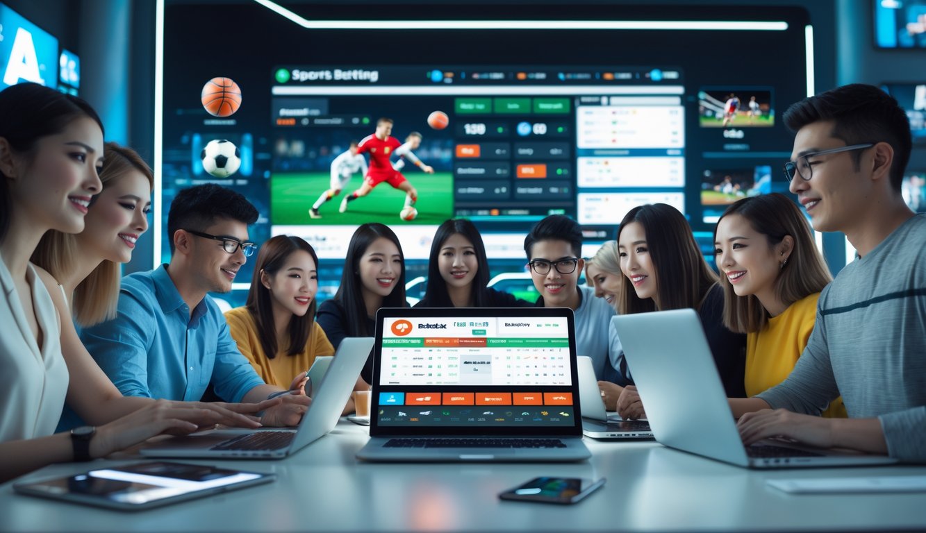 Sekelompok orang muda menggunakan perangkat digital untuk taruhan olahraga online dengan latar belakang layar yang menampilkan berbagai pertandingan olahraga secara real-time.