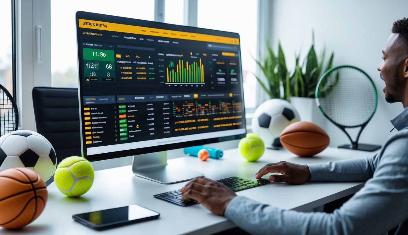 Seseorang duduk di meja dengan laptop dan monitor yang menampilkan statistik pertandingan olahraga, terlihat fokus dan antusias bermain taruhan olahraga online.