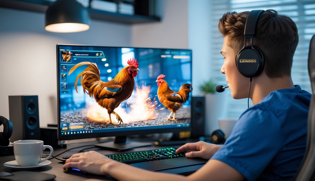 Seorang pria muda sedang fokus bermain game sabung ayam online di laptop di meja kerjanya.